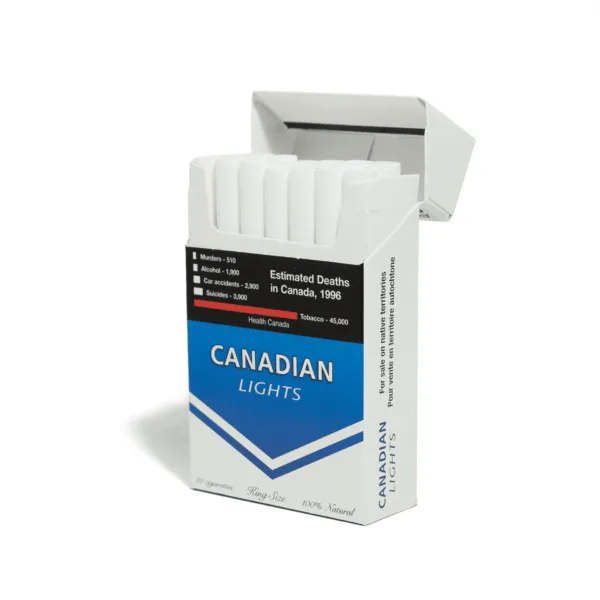 Binuksan na Canadian Lights pack side view na nagpapakita ng mga sigarilyo sa loob