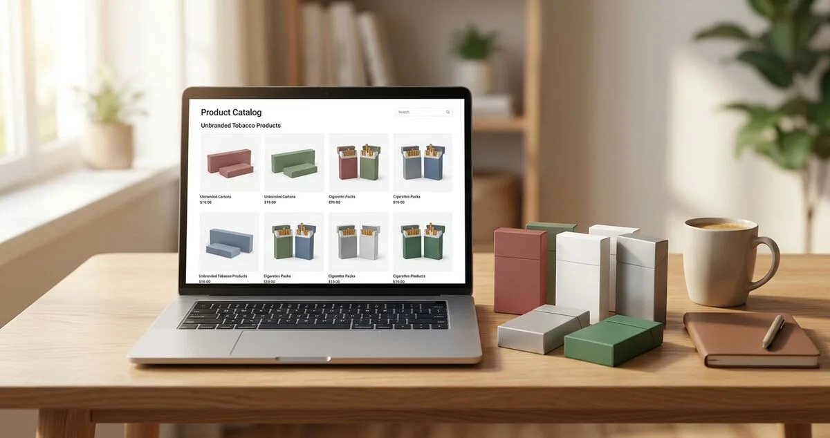 Comprar cigarrillos en línea en Canadá: una imagen de portada de la guía para compradores primerizos que muestra una computadora portátil con un catálogo de una tienda de cigarrillos en línea en un escritorio limpio y moderno.