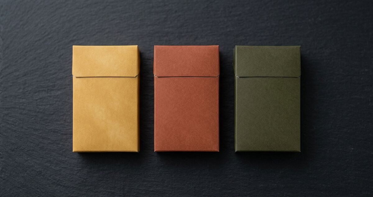 Cigarette tobacco blends Canada: Virginia, Burley, and Oriental leaf represented as three soft paper cigarette packs in different earth tones.