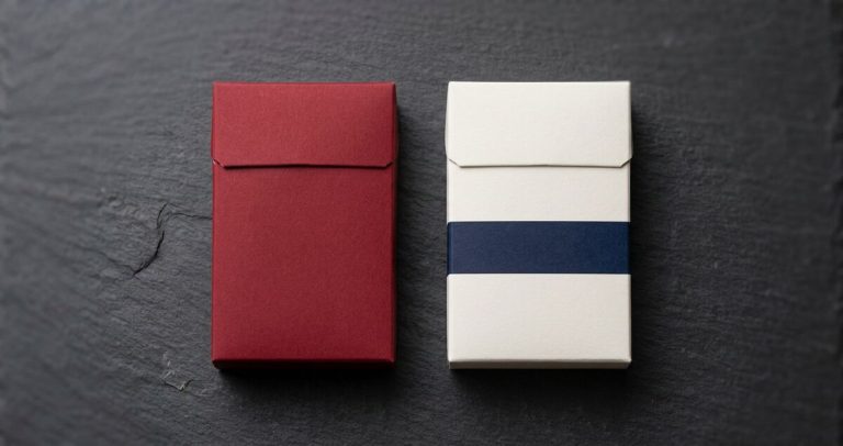 加拿大香烟品牌替代品：两包软纸香烟并排放在深色石板表面，一包红色，一包白色带蓝色条纹，代表一个主要品牌和一个相同强度级别的替代品牌。